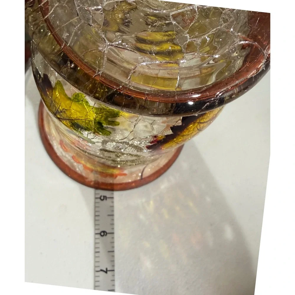 Autumn Crackle Glass Hurricane Vase Fall Leaves Glitter Swirls Amber Harvest
